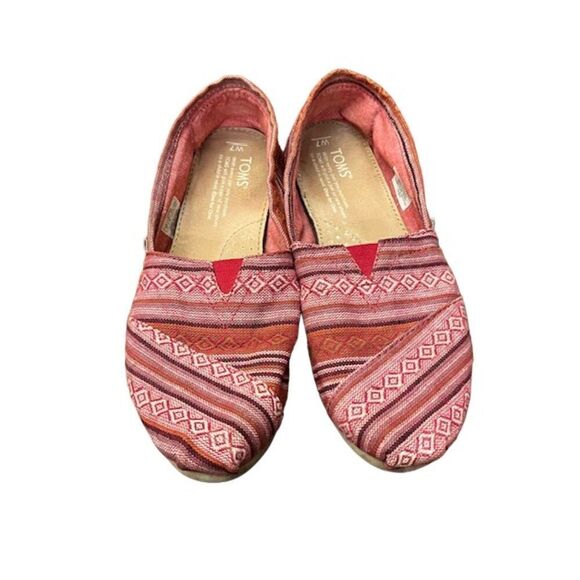 TOMS Flat Espadrilles Red Burgundy Stripe Aztec print Size 7 - Picture 4 of 12